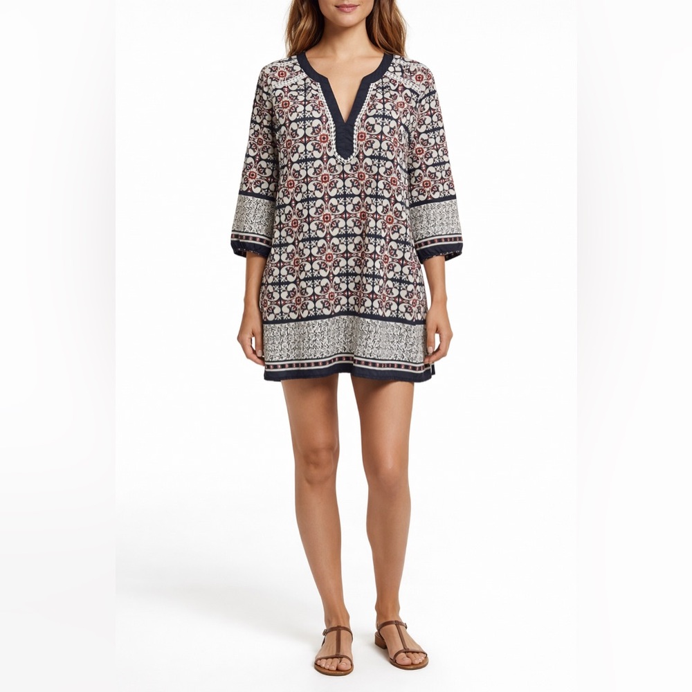 Entro Women’s Classic Geometric Print V-Neck 3/4 Quarter Sleeve Tunic Dress L